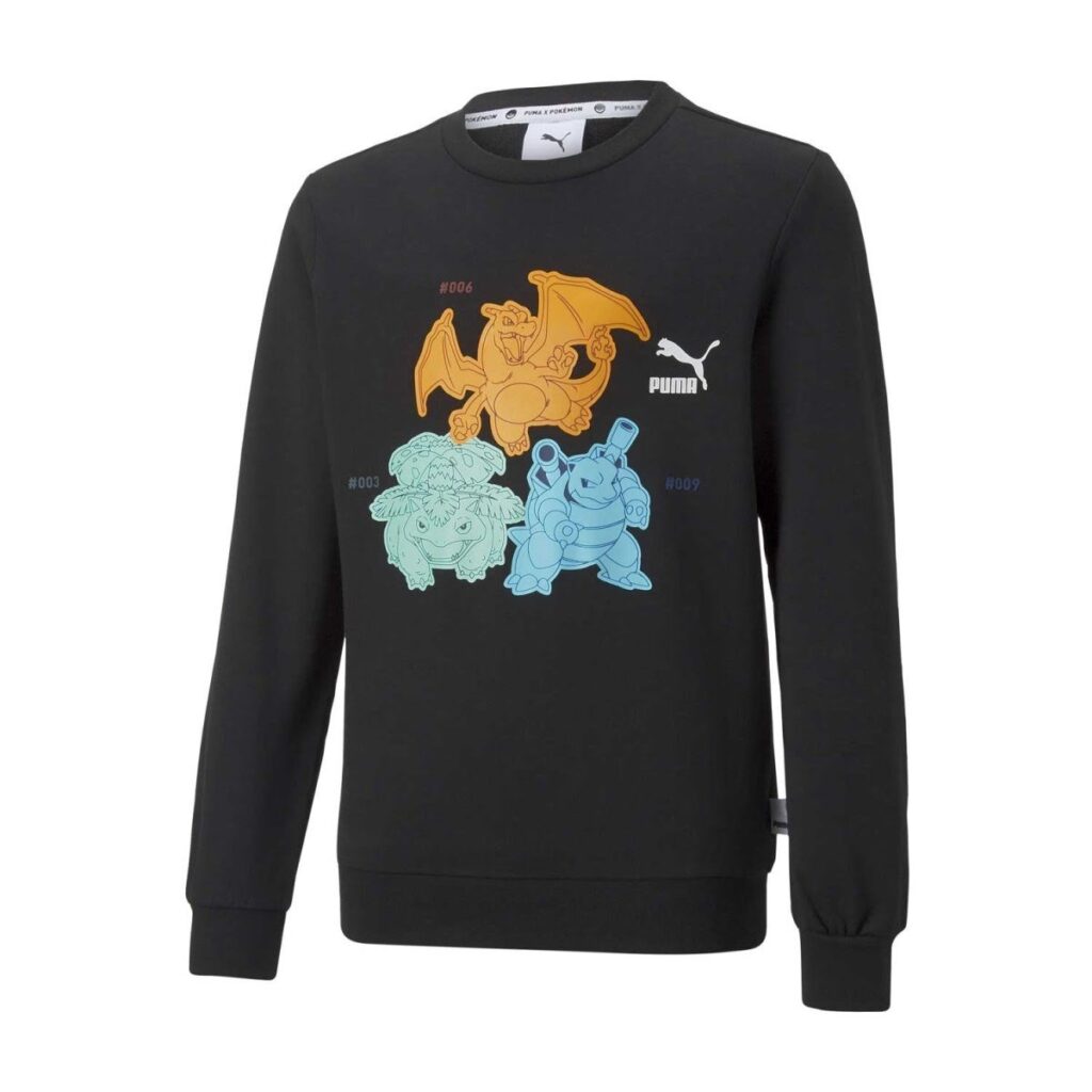 7374c9f4-41ca-5934-bd93-7f6c48eddf7a-1024x1024-1.jpg PUMA × Pokémon: Venusaur, Charizard & Blastoise Puma Black French Terry Relaxed Crew Neck Sweatshirt – Youth - Image 1