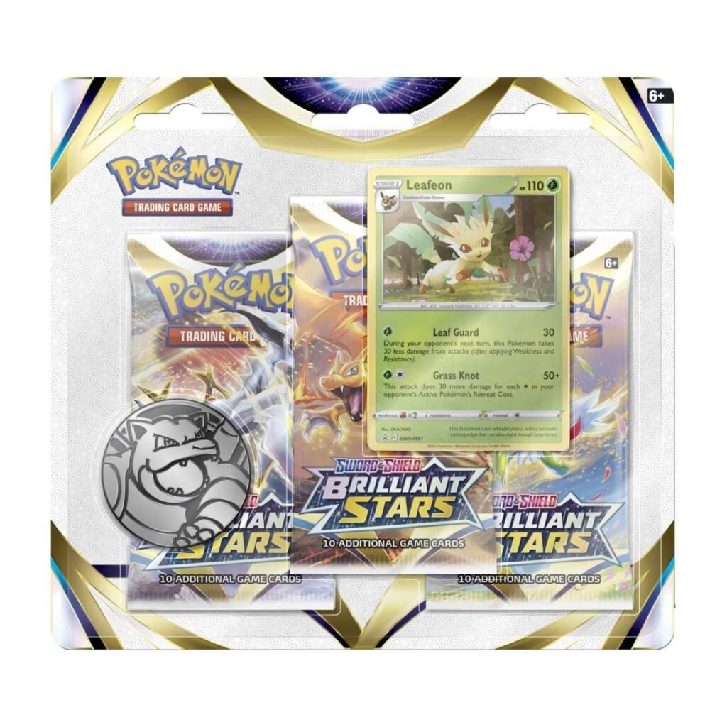 80d1a079-e4df-56b1-8790-cd32e08a442b-1024x1024-1.jpg Pokémon TCG: Sword & Shield-Brilliant Stars 3 Booster Packs, Coin & Leafeon Promo Card - Image 1