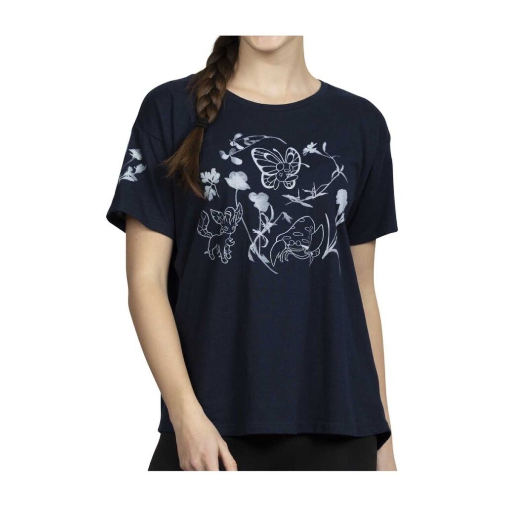 9a39b34d-8e95-5cbe-b455-b7bc416310c8-1024x1024-1.jpg Butterfree, Parasect & Leafeon Pokémon Nature: Spring Navy Crew Neck T-Shirt – Women - Image 1