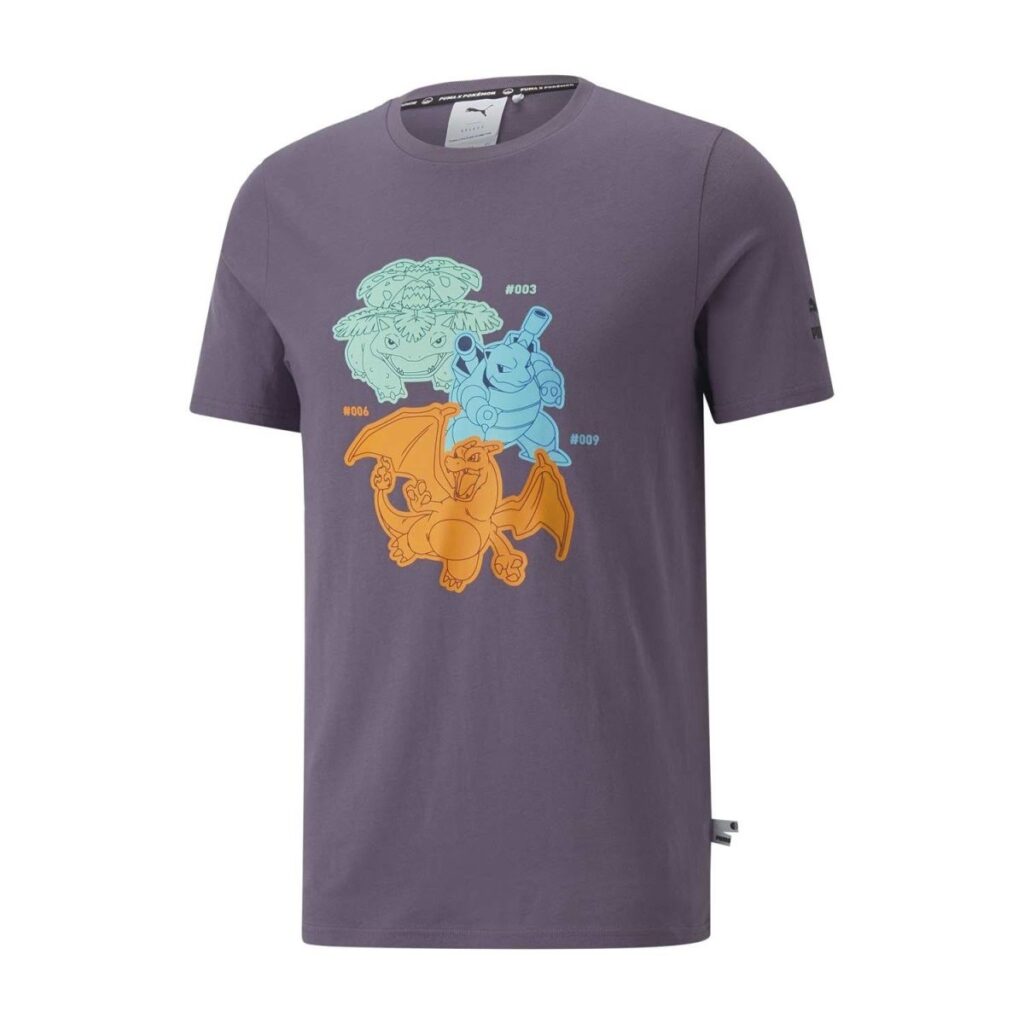 b63848f1-b3f5-520f-a824-6227995ae8f9-1024x1024-1.jpg PUMA × Pokémon: Venusaur, Charizard & Blastoise Purple Charcoal Jersey T-Shirt – Adult - Image 1