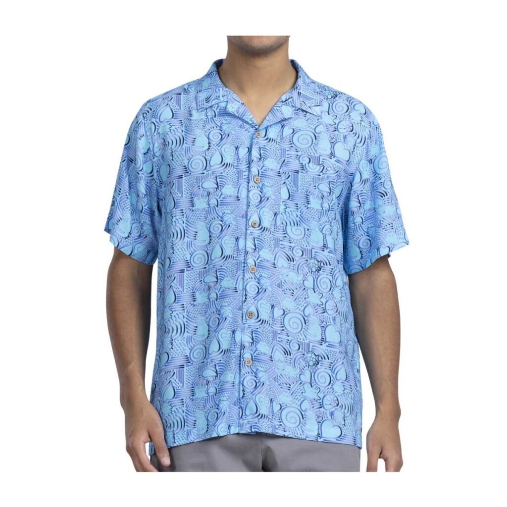 cd7b8c6d-498c-500d-a5dd-e45a58914826-1024x1024-1.jpg Pokémon Tropical Slowpoke, Shellder & Ditto Spirals Light Blue Tropical Shirt – Men - Image 1