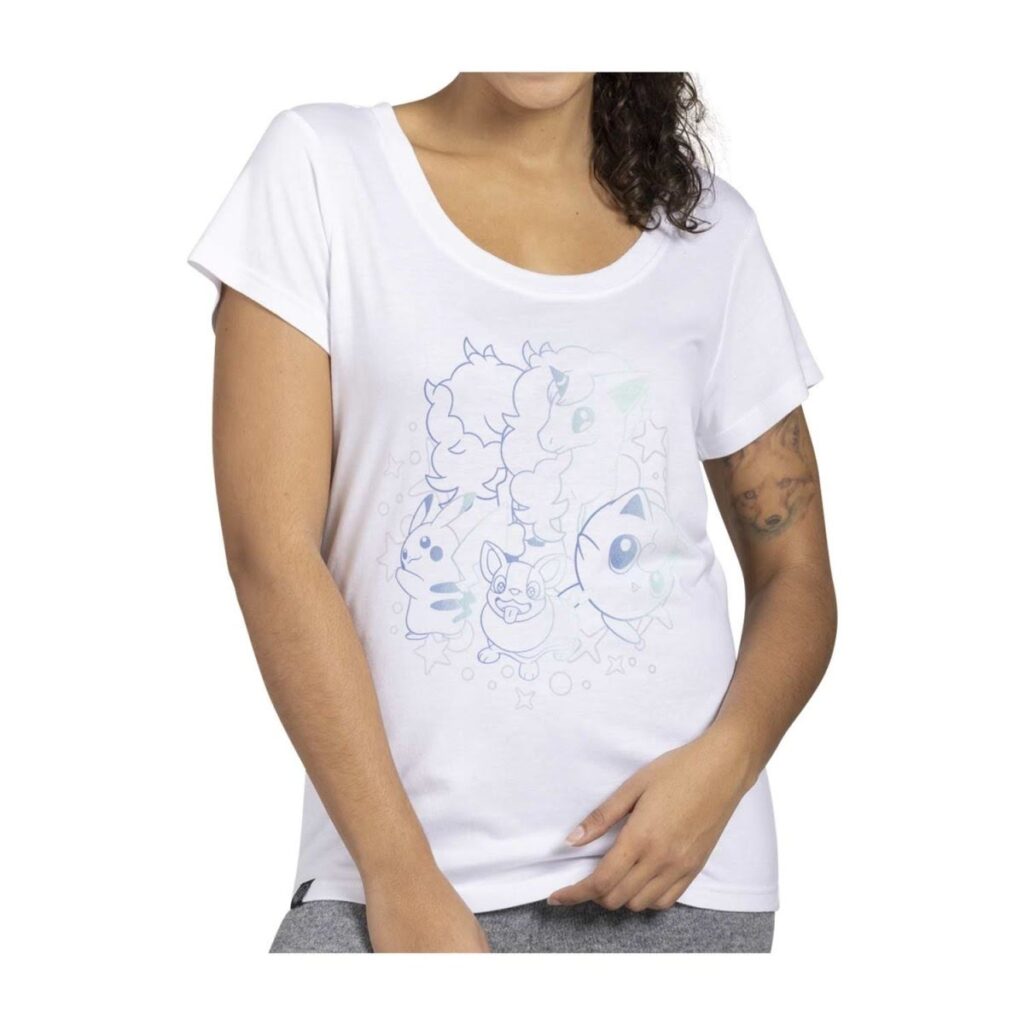 e9dc0fec-1264-55a9-a986-b920efdce2e9-1024x1024-1.jpg Pokémon Friends Forever White Relaxed Fit Scoop Neck T-Shirt – Women - Image 1